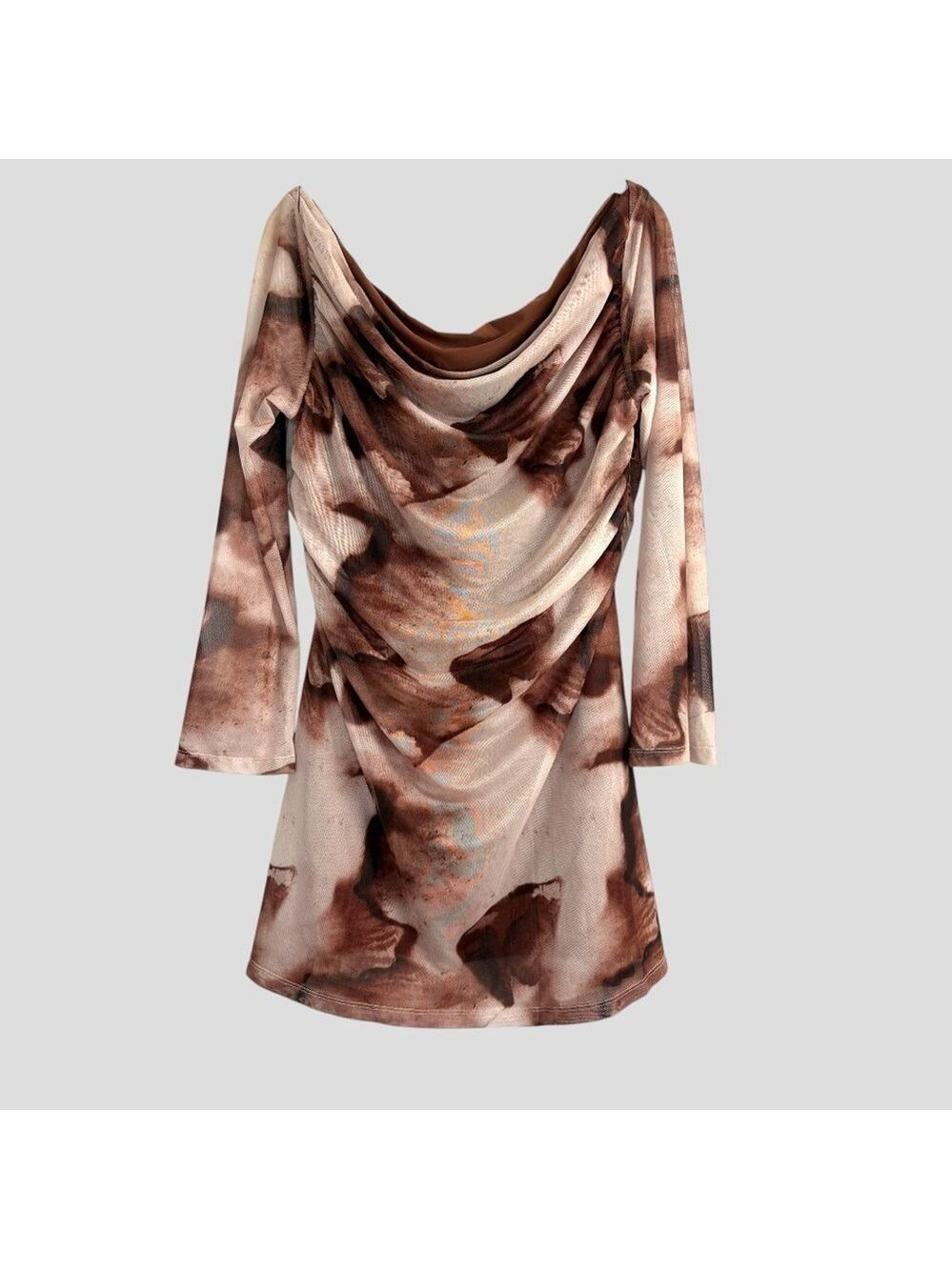 SHEIN BAE Mini Mesh Dress Sheer Cowl Neck Curve 2XL Mocha Cream Y2K Grunge Fairy